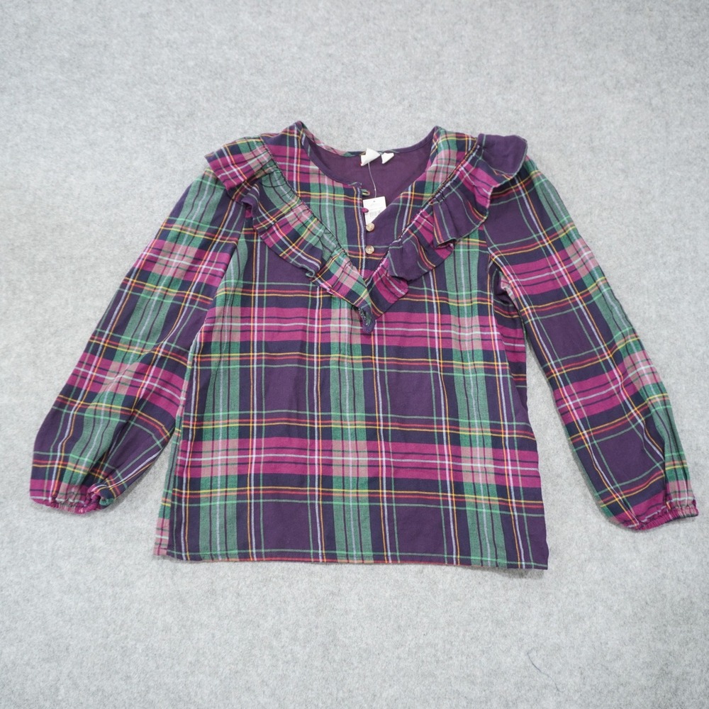Gap Kids Girls Size XL 12 Purple Plaid Ruffle Top New Long Sleeve Cotton Blouse